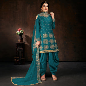Desirable Green Coloured Partywear Designer Embroidered Heavy Faux Georgette Patiala Suit - Peachmode