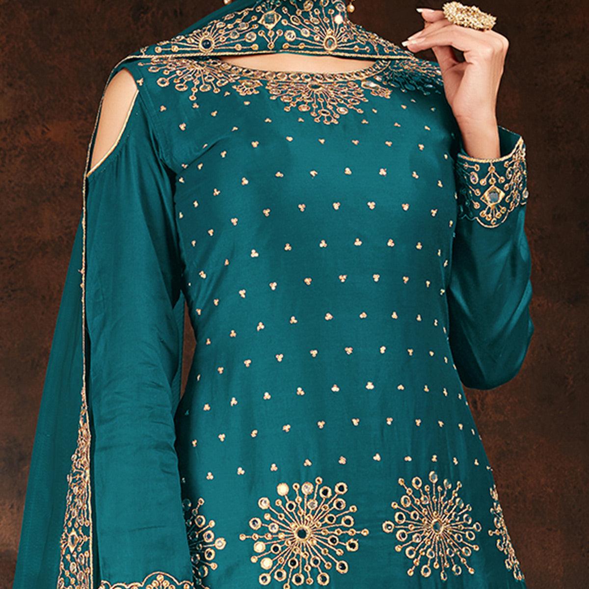 Desirable Green Coloured Partywear Designer Embroidered Heavy Faux Georgette Patiala Suit - Peachmode