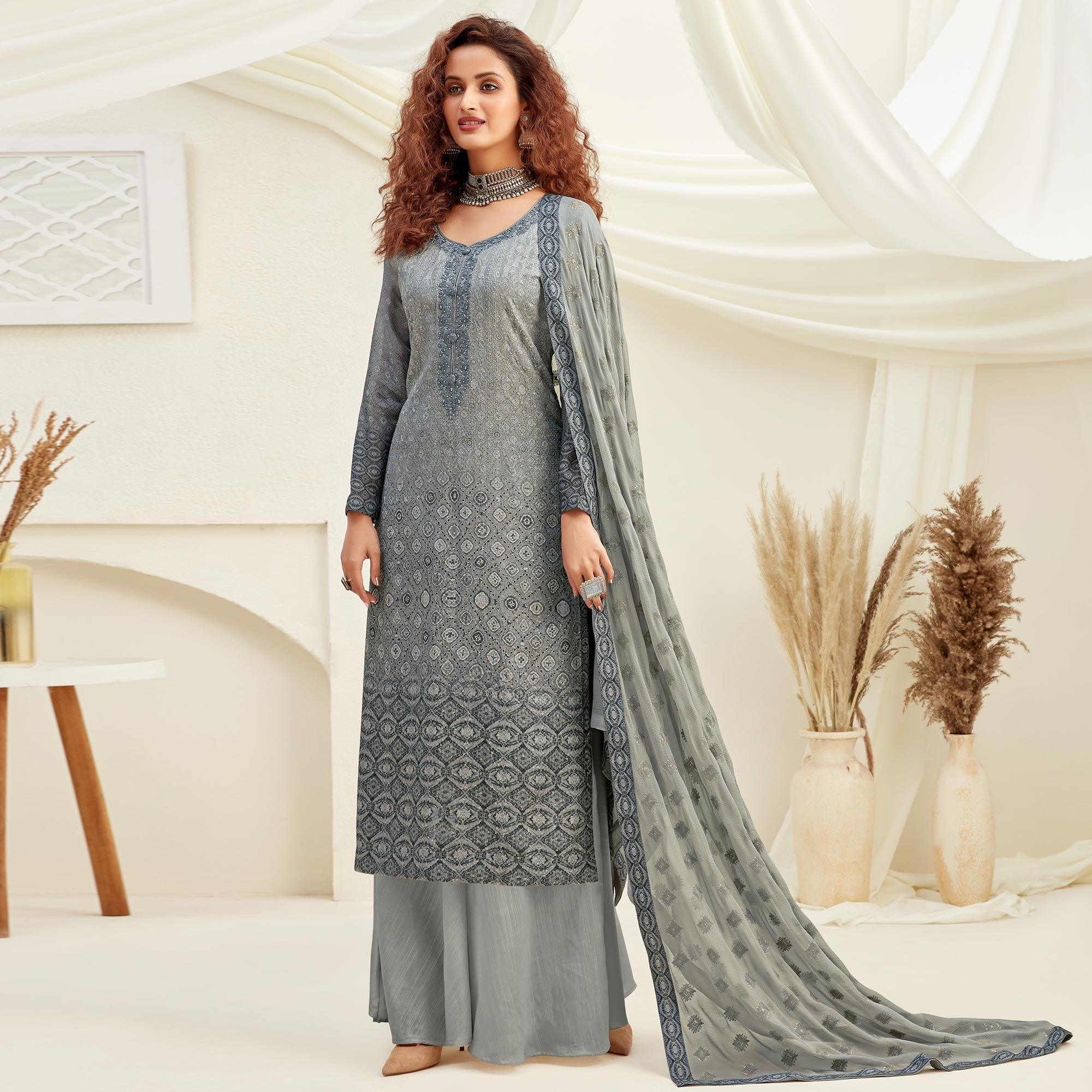 Desirable Grey Colored Embroidered With Digital Printed Partywear Pure Viscose Chinnon Chiffon Palazzo Suit - Peachmode