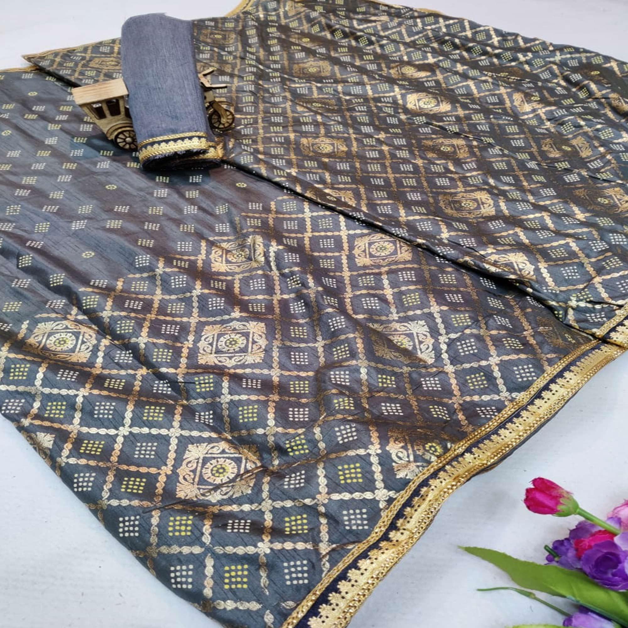 Desirable Grey Colored Festive Wear Foil Printed Dola Silk Saree - Peachmode