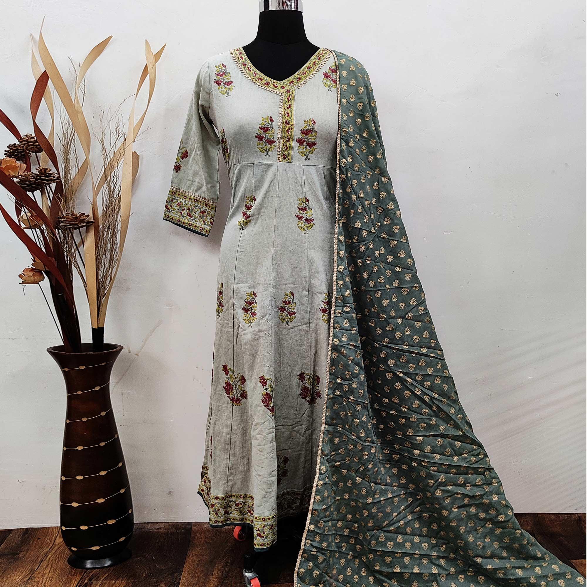 Desirable Grey Colored Party Wear Floral Printed Cotton Anarkali Kurti With Dupatta - Peachmode
