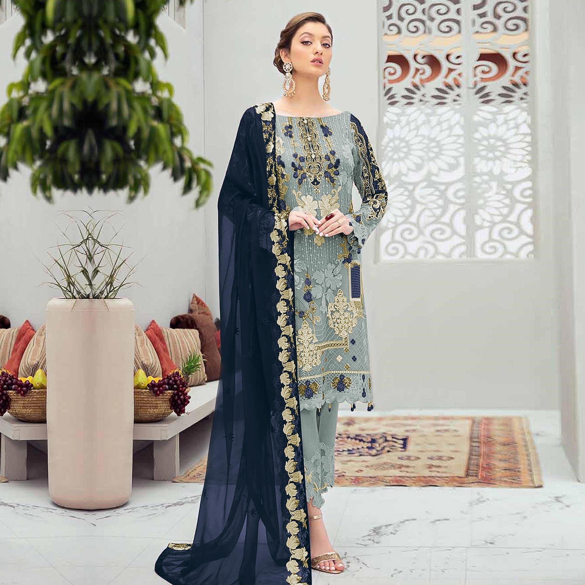 Desirable Grey Colored Partywear Embroidered Net Straight Pakistani Suit - Peachmode