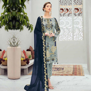 Desirable Grey Colored Partywear Embroidered Net Straight Pakistani Suit - Peachmode