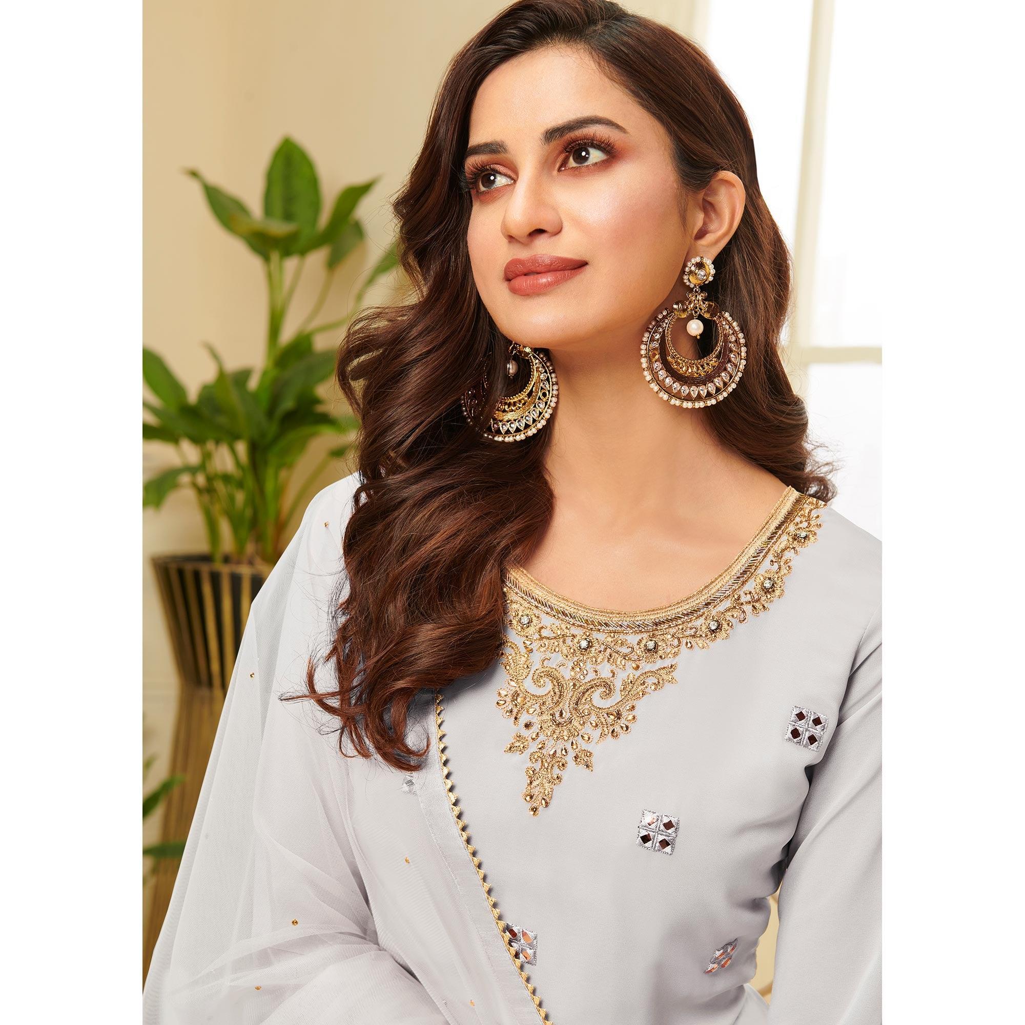 Desirable Grey Coloured Partywear Gota Work Georgette Palazzo Suit - Peachmode