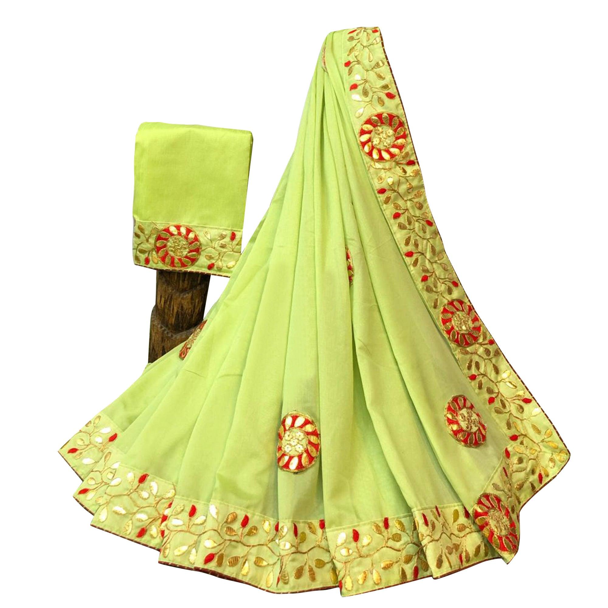 Desirable Lemon Green Colored Partywear Embroidered Art Silk Saree - Peachmode