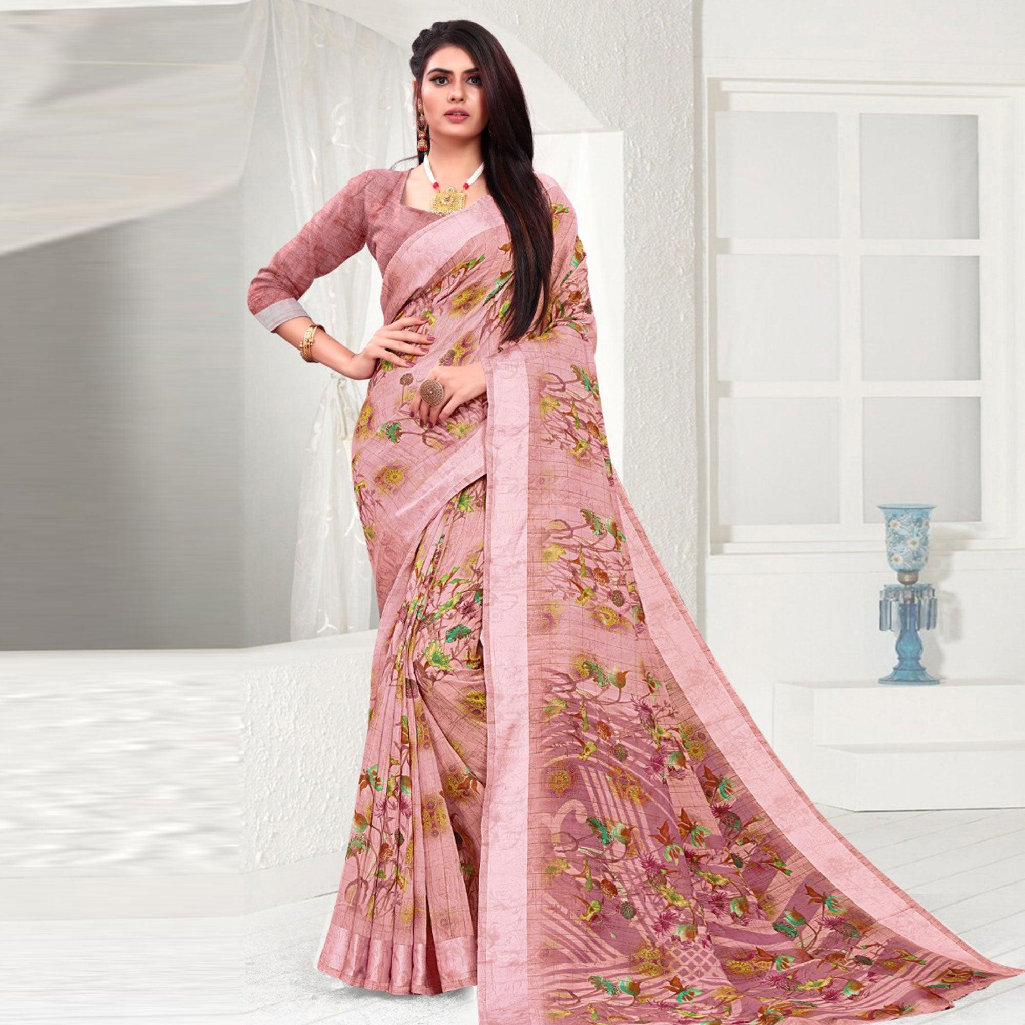 Desirable Light Peach Colored Casual Wear Printed Cotton Saree - Peachmode