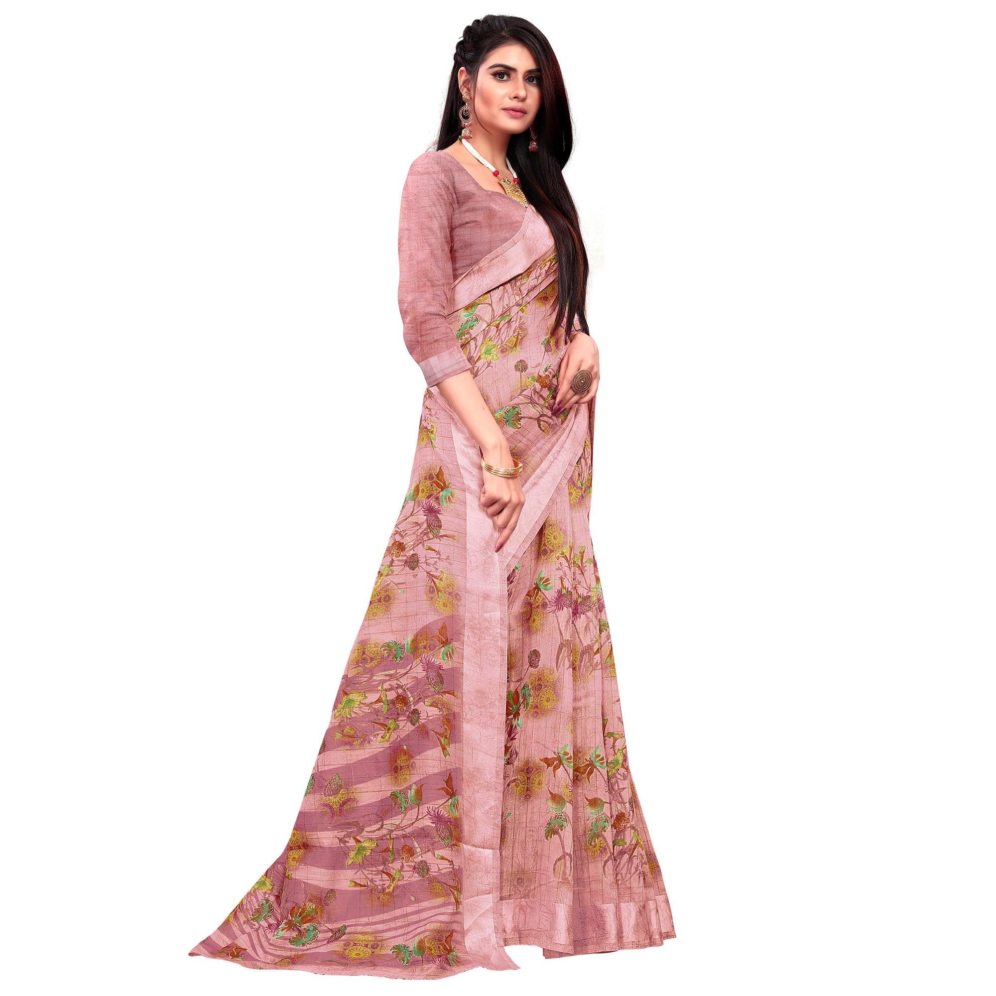 Desirable Light Peach Colored Casual Wear Printed Cotton Saree - Peachmode