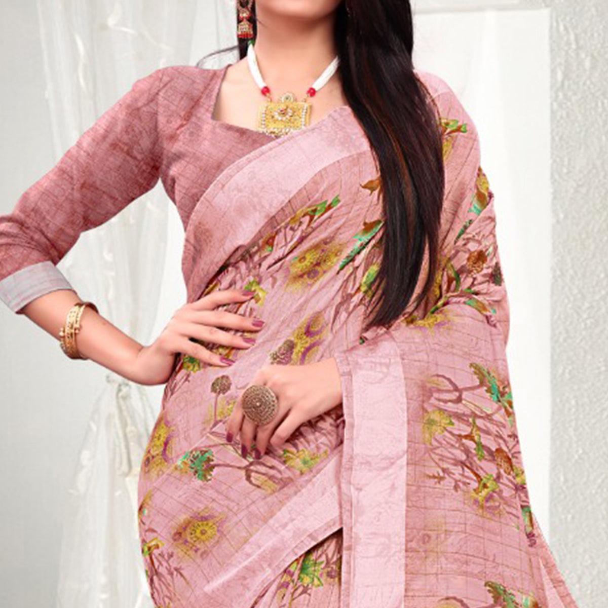 Desirable Light Peach Colored Casual Wear Printed Cotton Saree - Peachmode