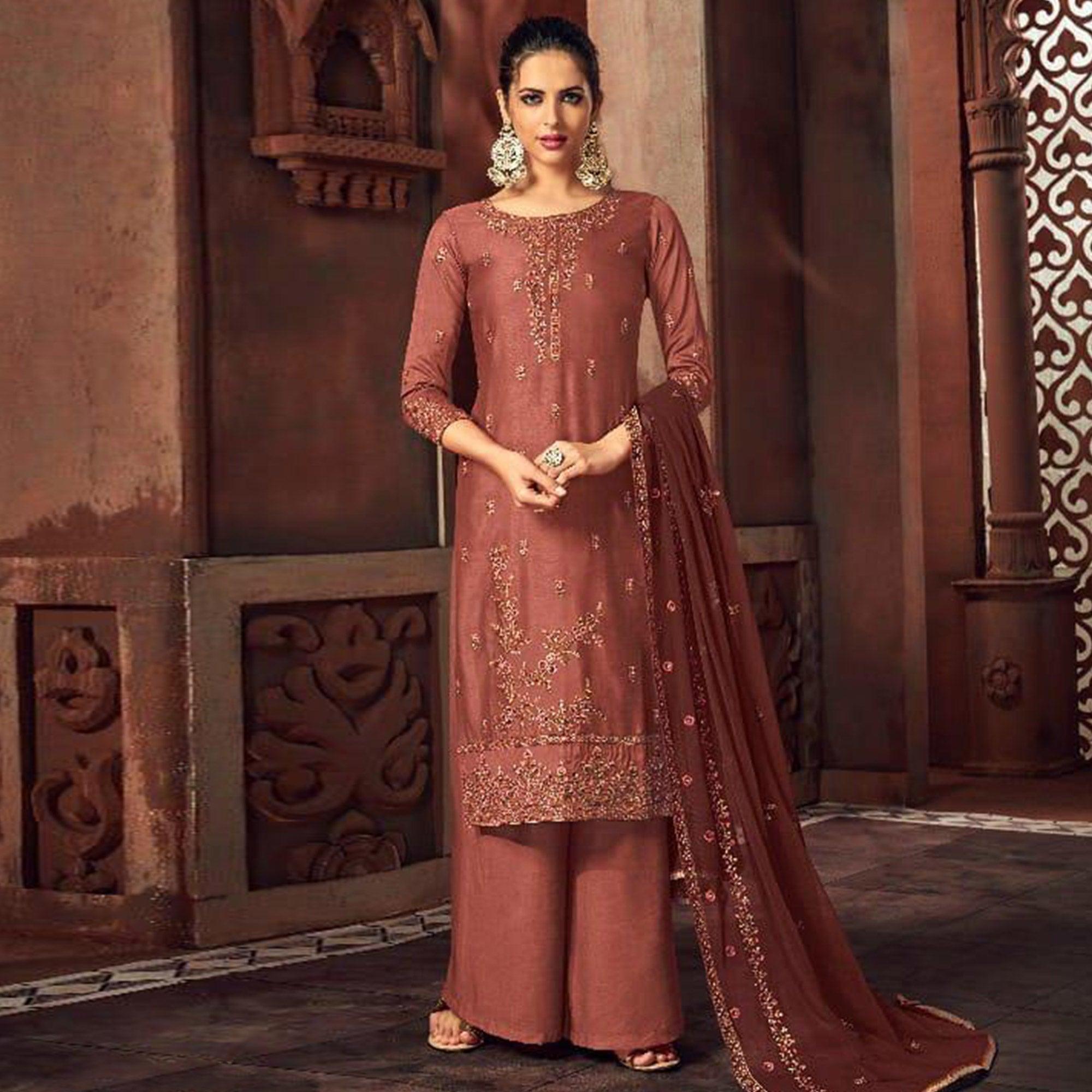 Desirable Muave Colored Party Wear Embroidered Silk Palazzo Suit - Peachmode