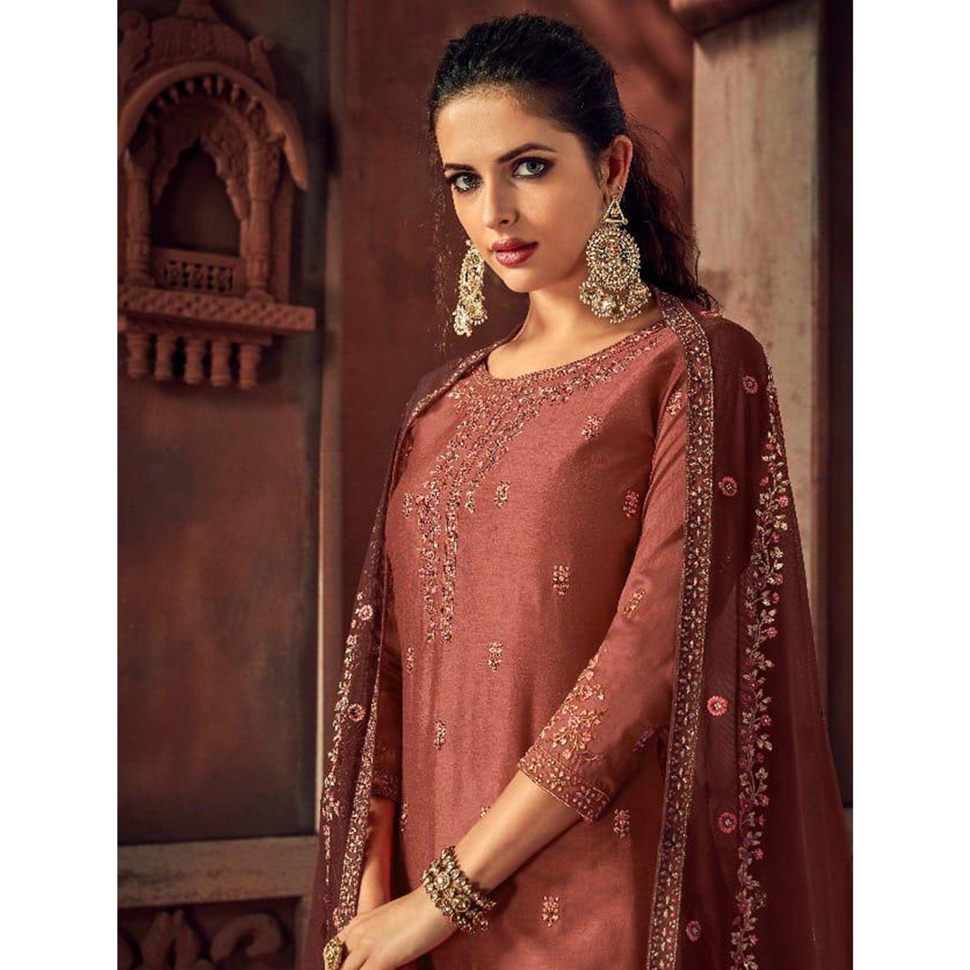 Desirable Muave Colored Party Wear Embroidered Silk Palazzo Suit - Peachmode