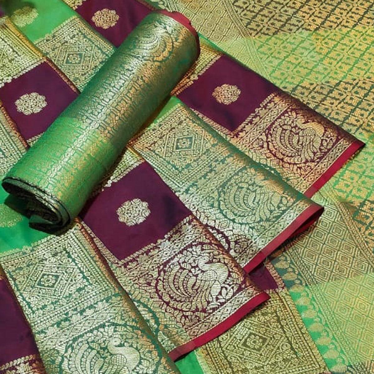 Desirable Multi-Green Colored Festive Wear Woven Silk Saree - Peachmode