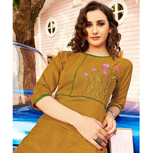 Desirable Mustard Yellow Colored Casual Wear Floral Embroidered Swiss Cotton Slub Kurti - Peachmode
