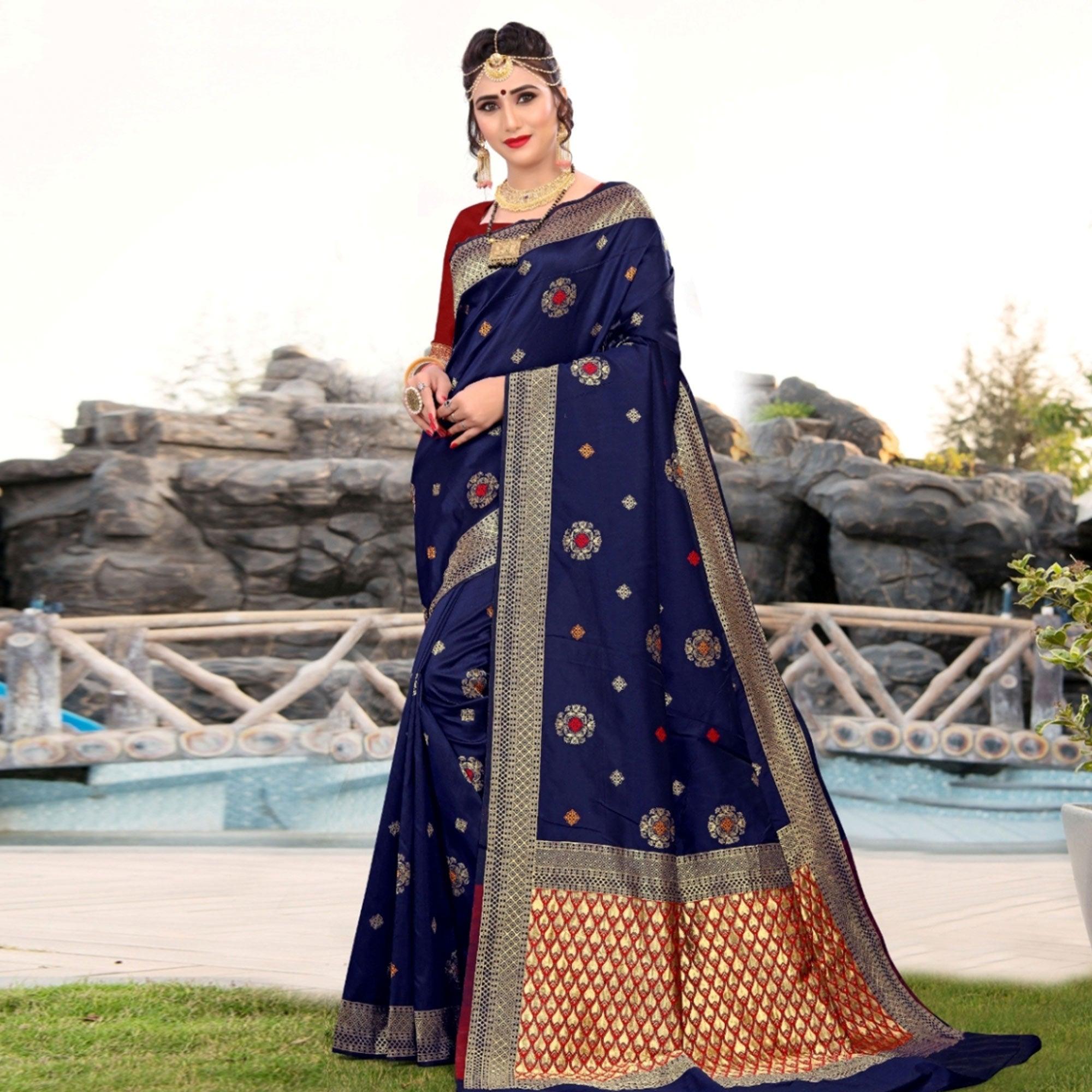 Desirable Navy Blue Colored Festive Wear Woven Lichi Silk Saree - Peachmode