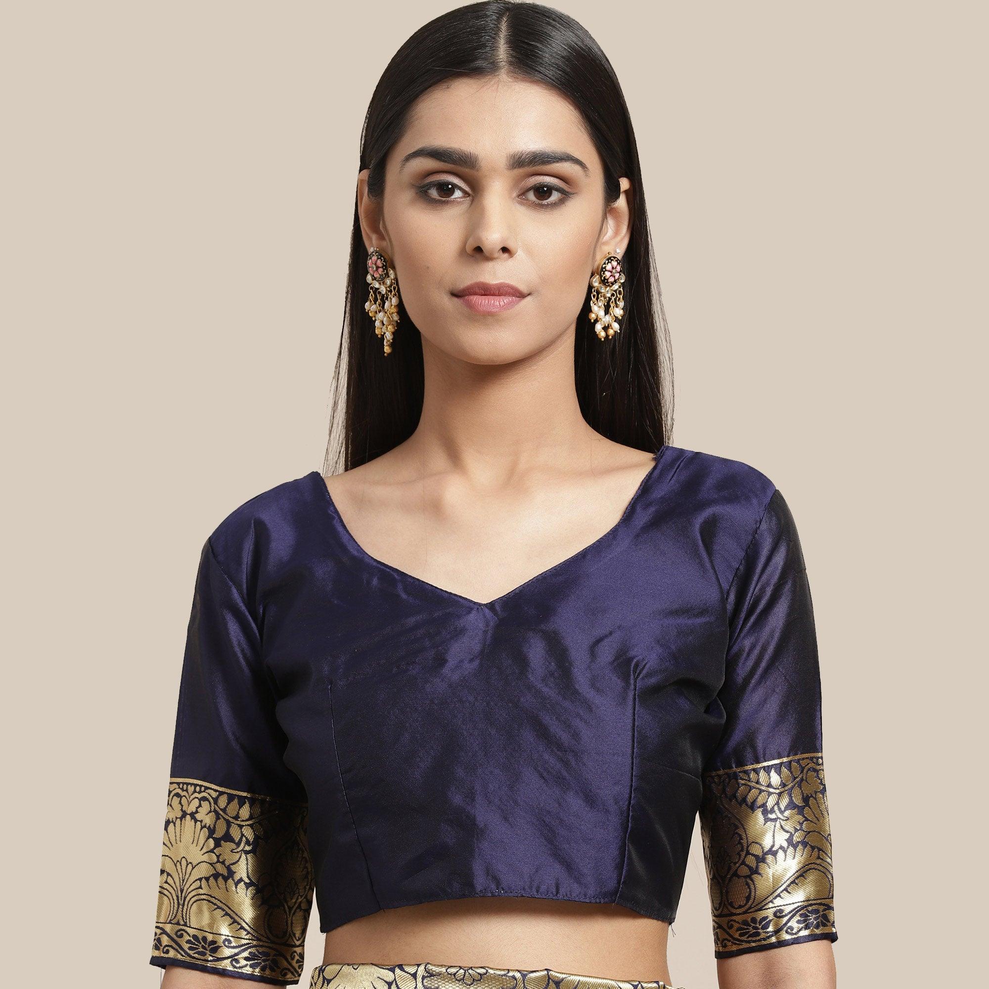 Desirable Navy Blue Colored Festive Wear Woven Silk Blend Saree - Peachmode
