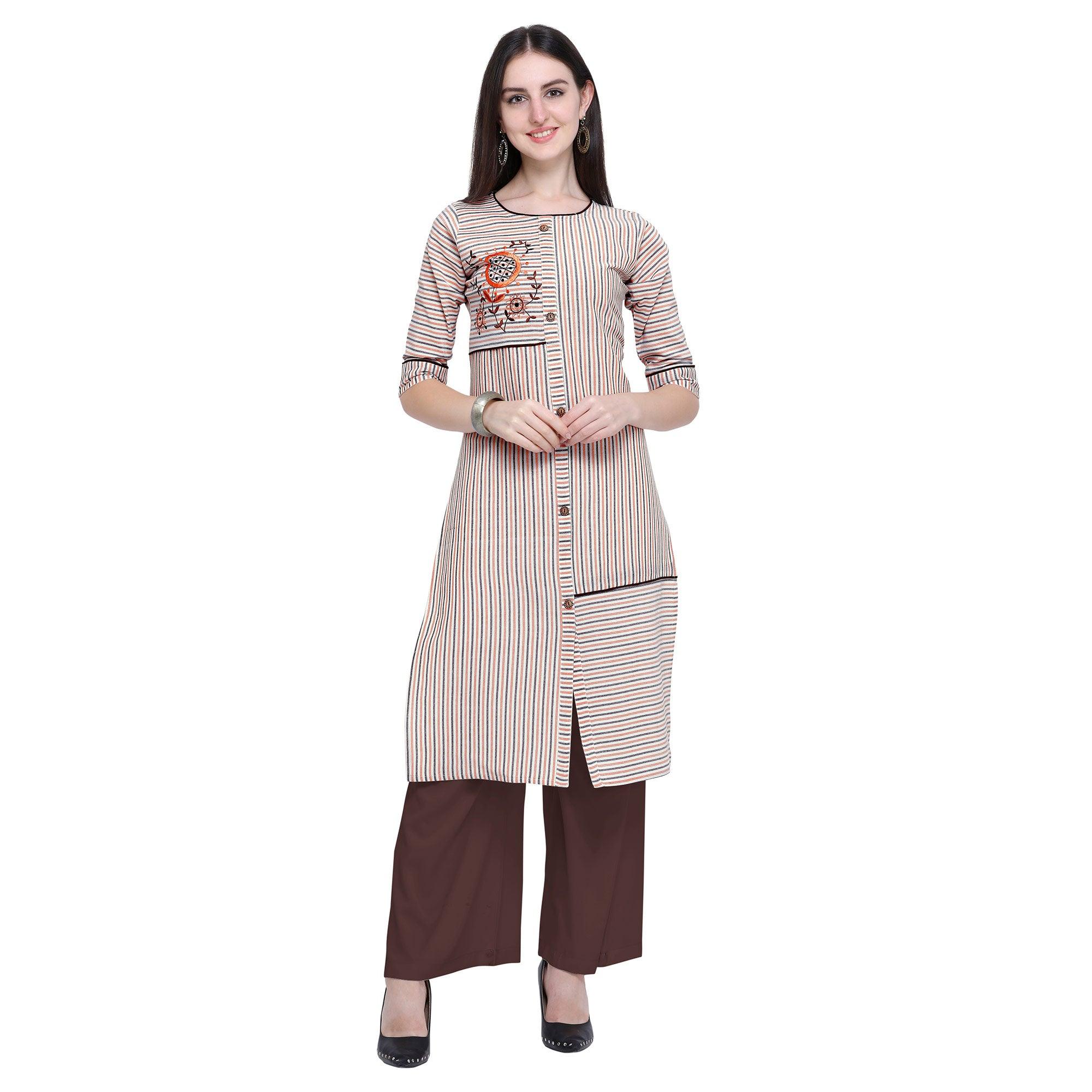 Desirable Off White Colored Casual Wear Embroidered Cotton Kurti-Palazzo Set - Peachmode