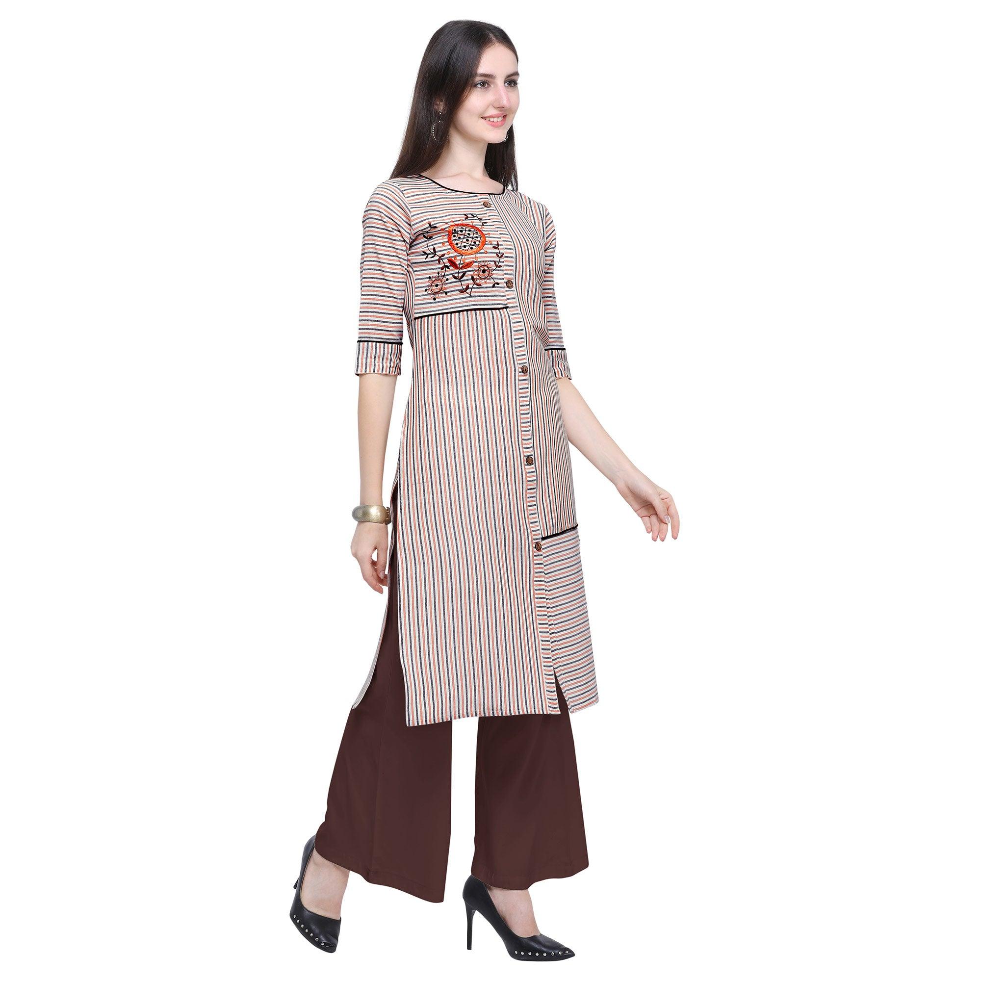 Desirable Off White Colored Casual Wear Embroidered Cotton Kurti-Palazzo Set - Peachmode