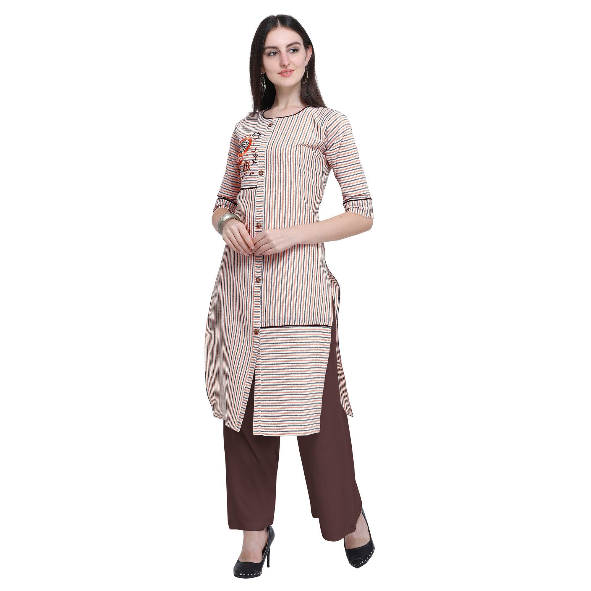 Desirable Off White Colored Casual Wear Embroidered Cotton Kurti-Palazzo Set - Peachmode
