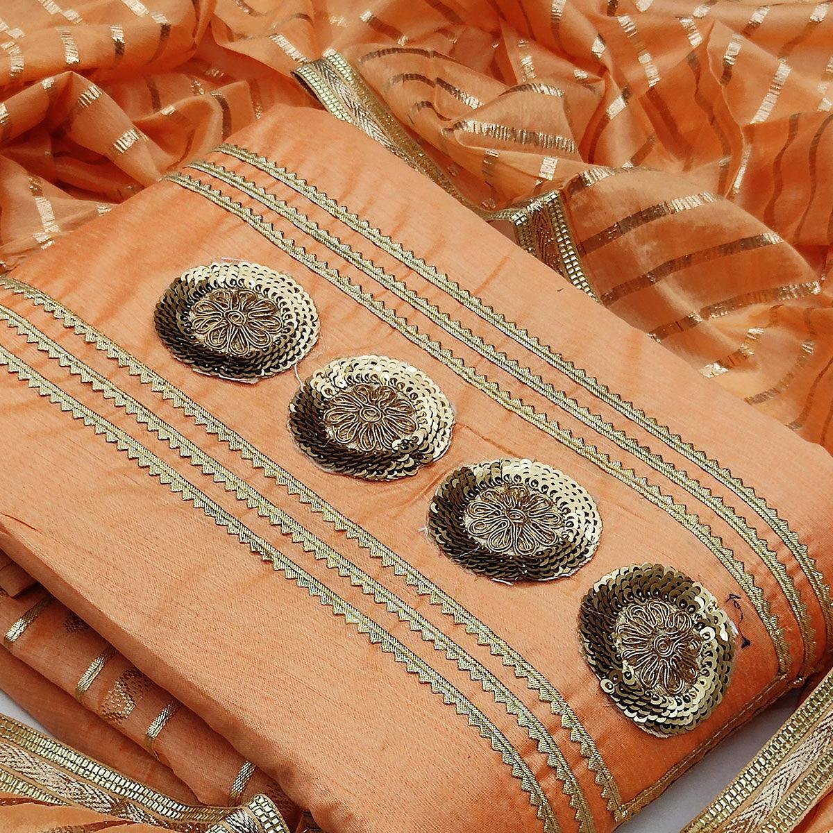 Desirable Orange Colored Casual Wear Embroidered Modal Chanderi Dress Material - Peachmode