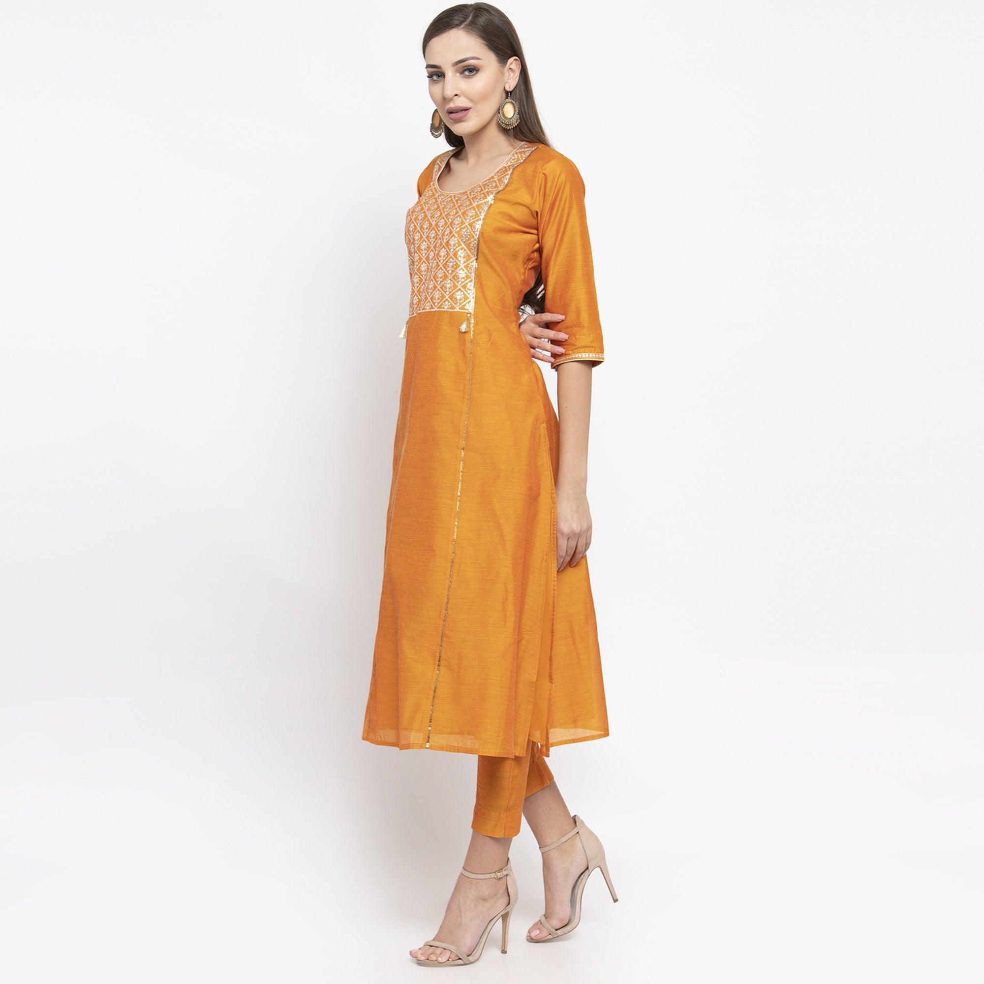 Desirable Orange Colored Party Wear Embroidered Calf Length A-Line Cotton-Chanderi Silk Kurti-Pant Set - Peachmode