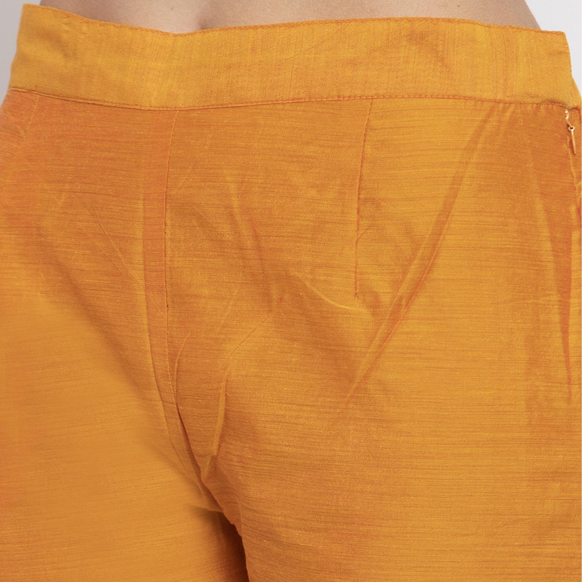Desirable Orange Colored Party Wear Embroidered Calf Length A-Line Cotton-Chanderi Silk Kurti-Pant Set - Peachmode