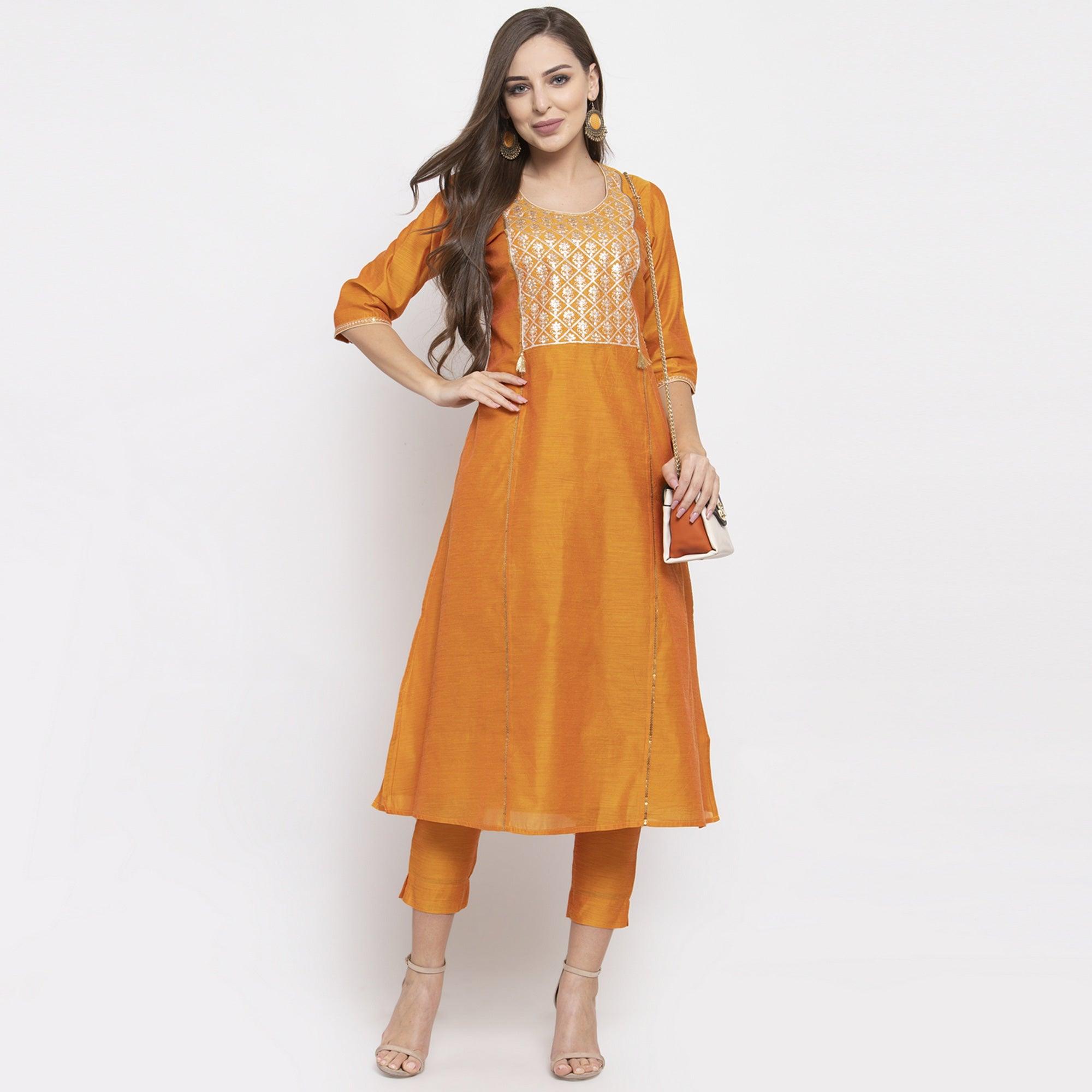 Desirable Orange Colored Party Wear Embroidered Calf Length A-Line Cotton-Chanderi Silk Kurti-Pant Set - Peachmode
