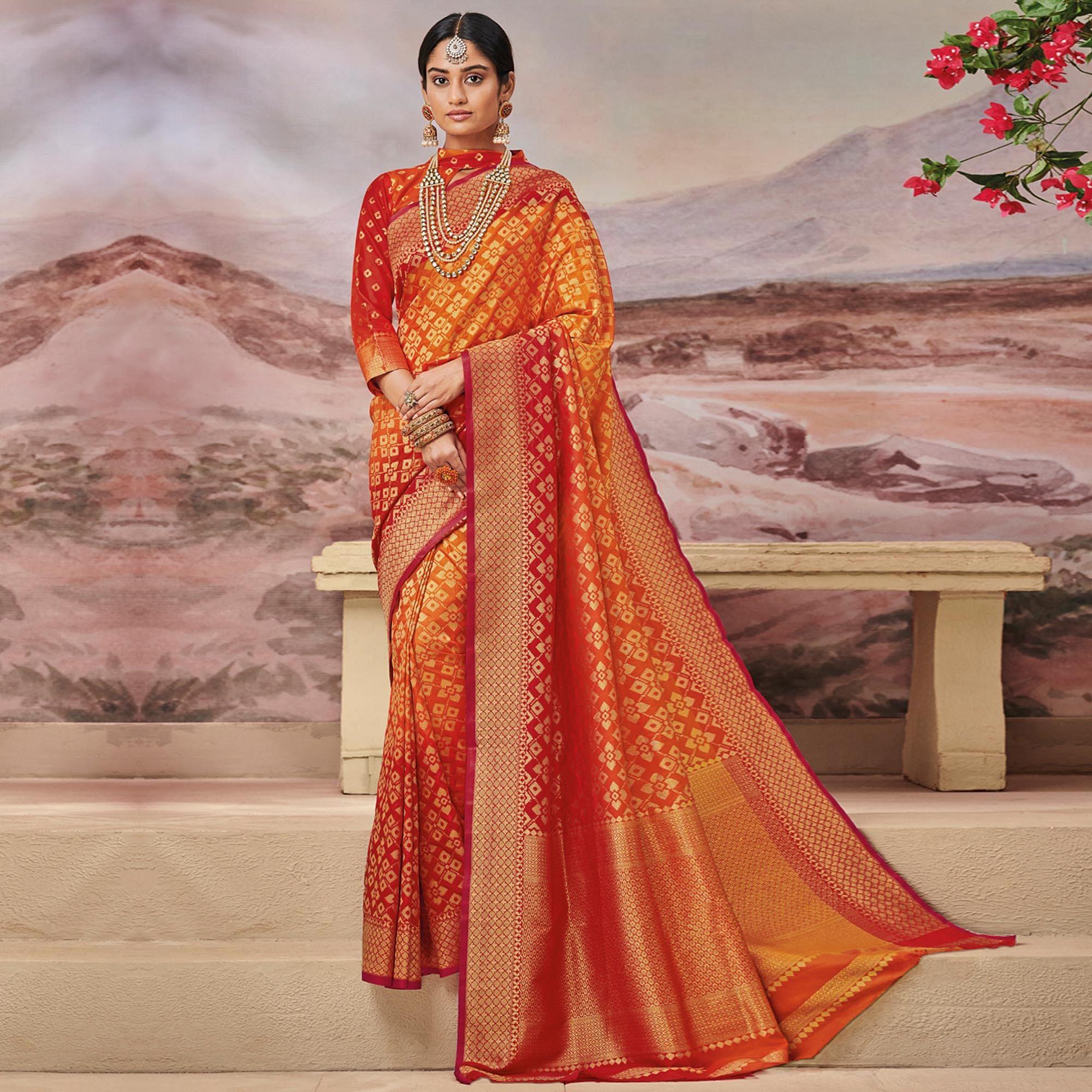 Desirable Orange-Red Colored Festive Wear Woven Silk Saree - Peachmode