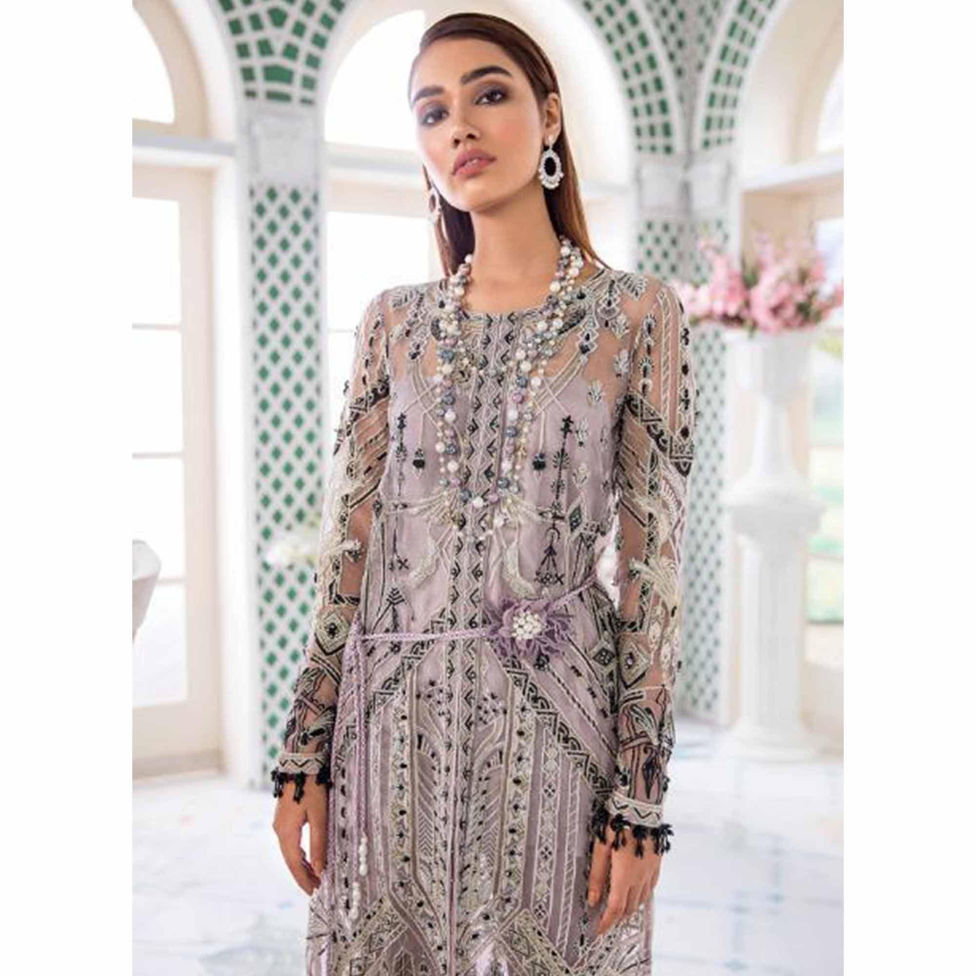 Desirable Pastel Purple Colored Party Wear Embroidered Net Palazzo Suit - Peachmode