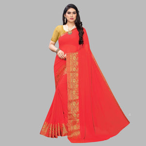Desirable Peach Colored Festive Wear Woven Chiffon Saree - Peachmode