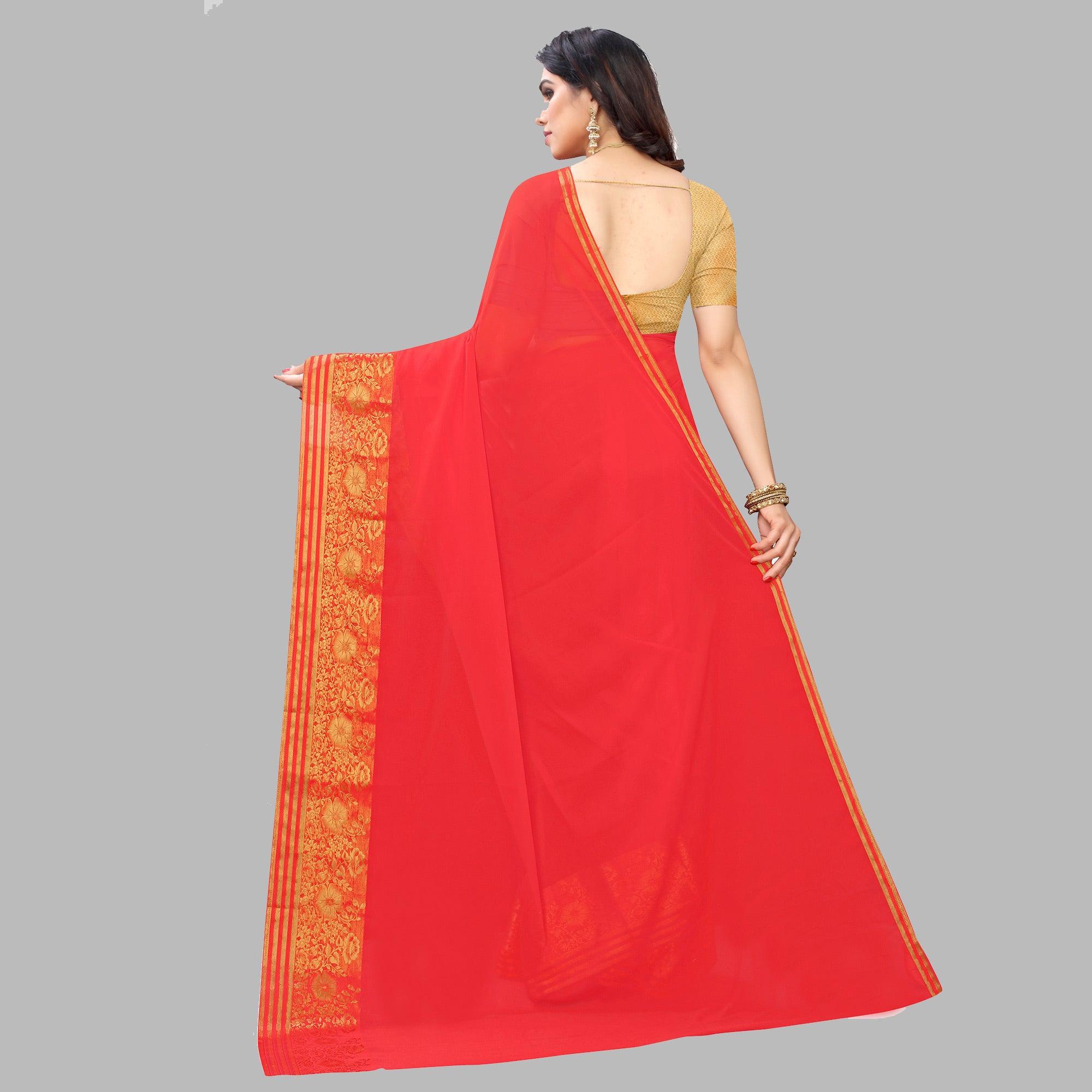 Desirable Peach Colored Festive Wear Woven Chiffon Saree - Peachmode