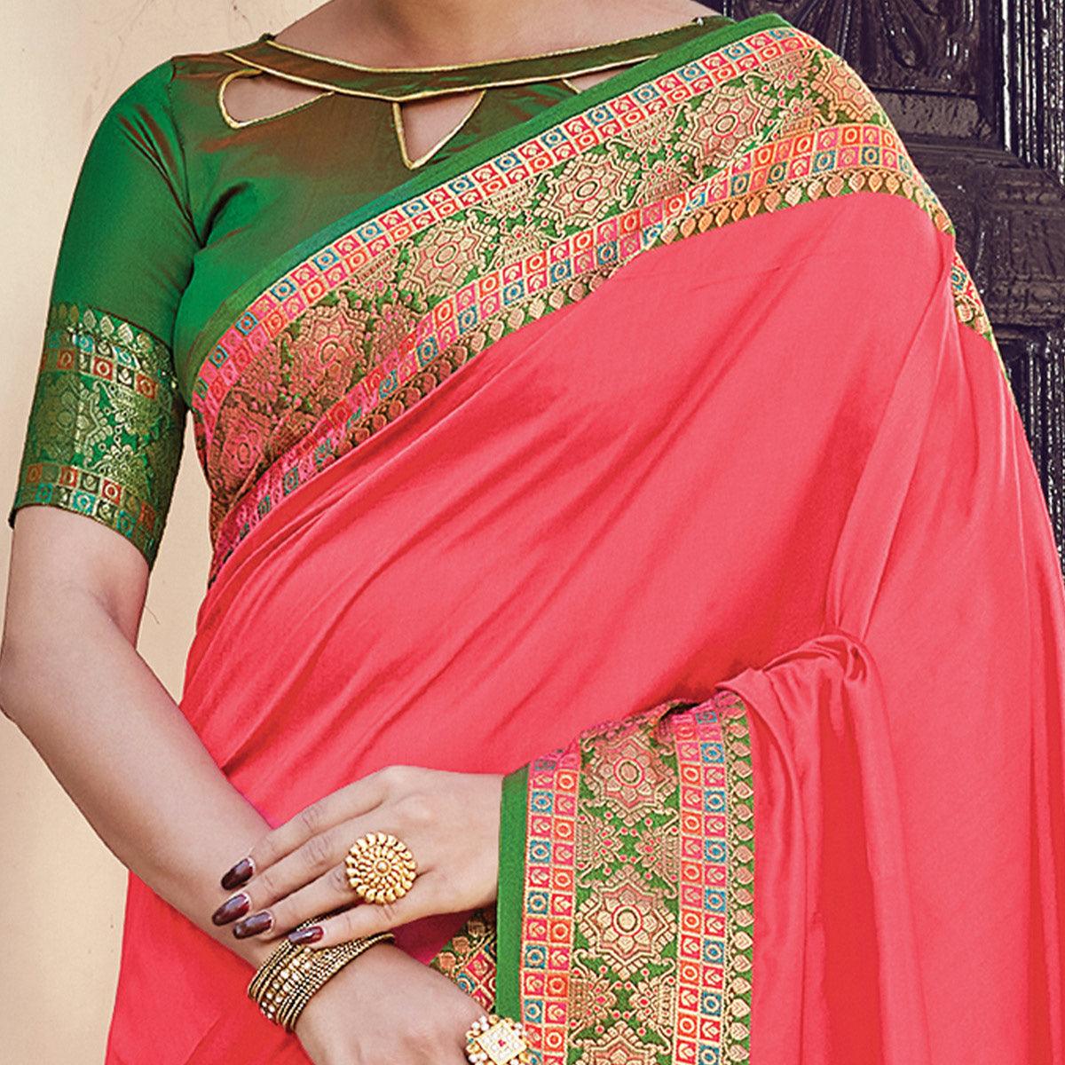 Desirable Peach Coloured Partywear Woven Silk Saree - Peachmode