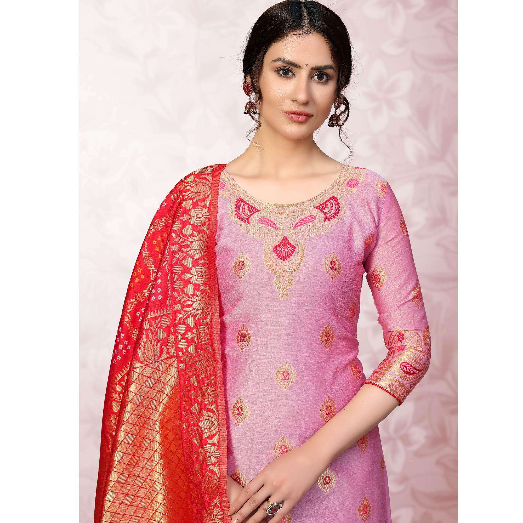 Desirable Pink Colored Festive Wear Woven Banarasi Silk Dress Material - Peachmode