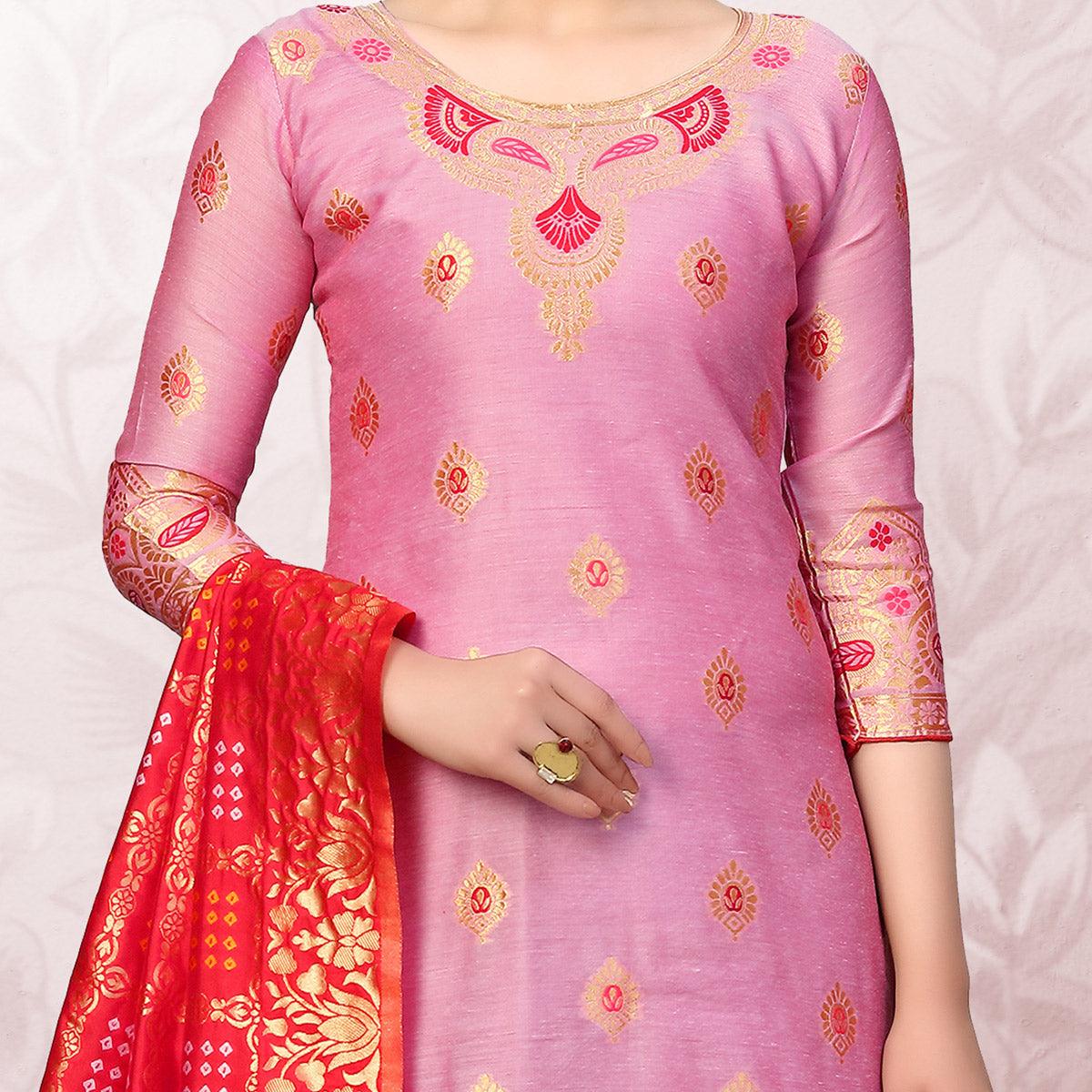 Desirable Pink Colored Festive Wear Woven Banarasi Silk Dress Material - Peachmode