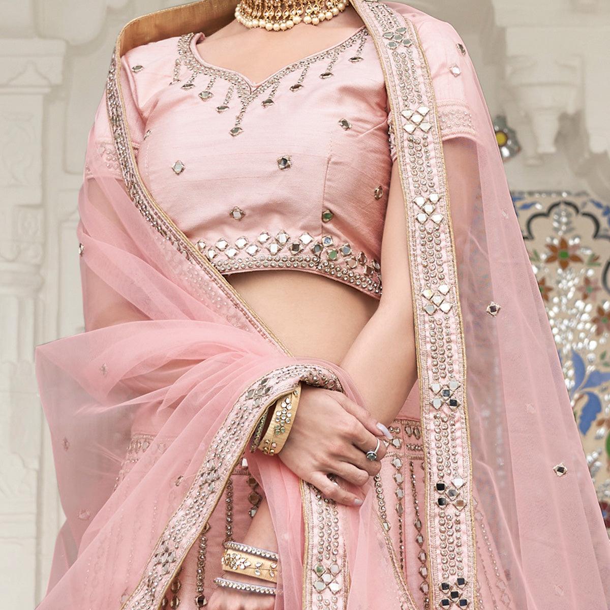 Desirable Pink Coloured Wedding Wear Mirror Work Heavy Silk Lehenga Choli - Peachmode