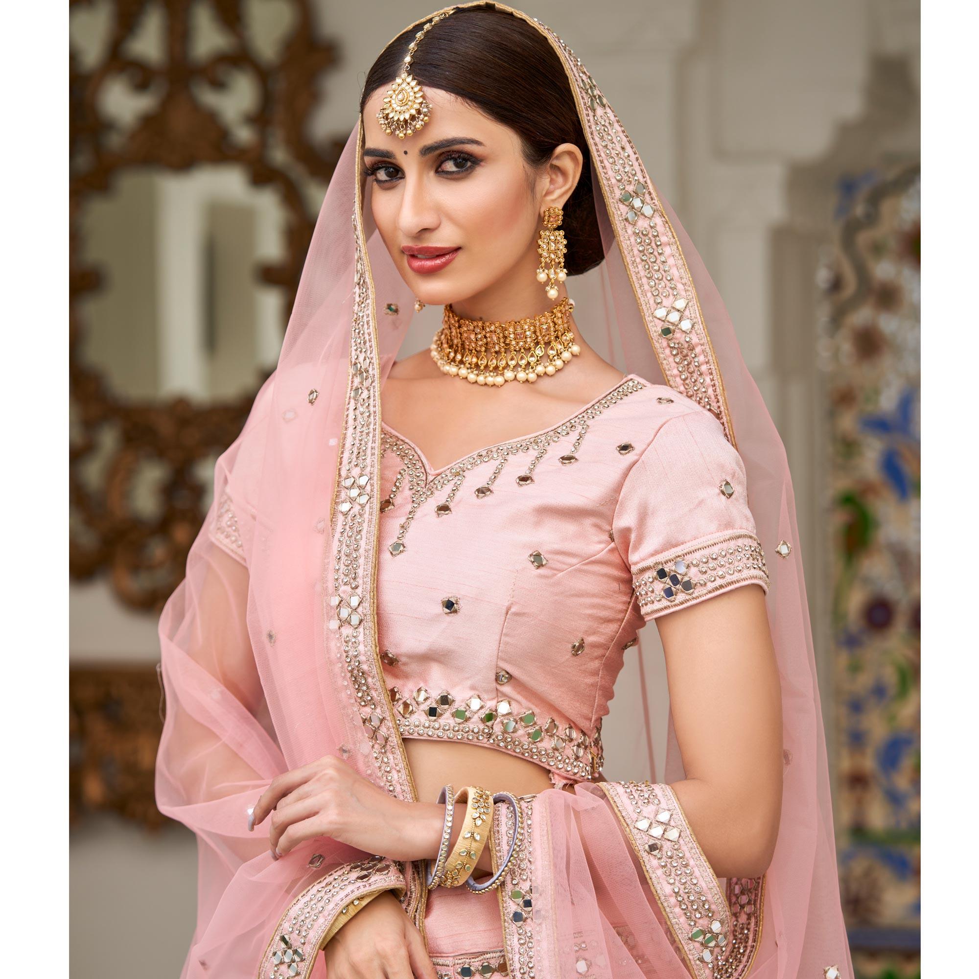 Desirable Pink Coloured Wedding Wear Mirror Work Heavy Silk Lehenga Choli - Peachmode