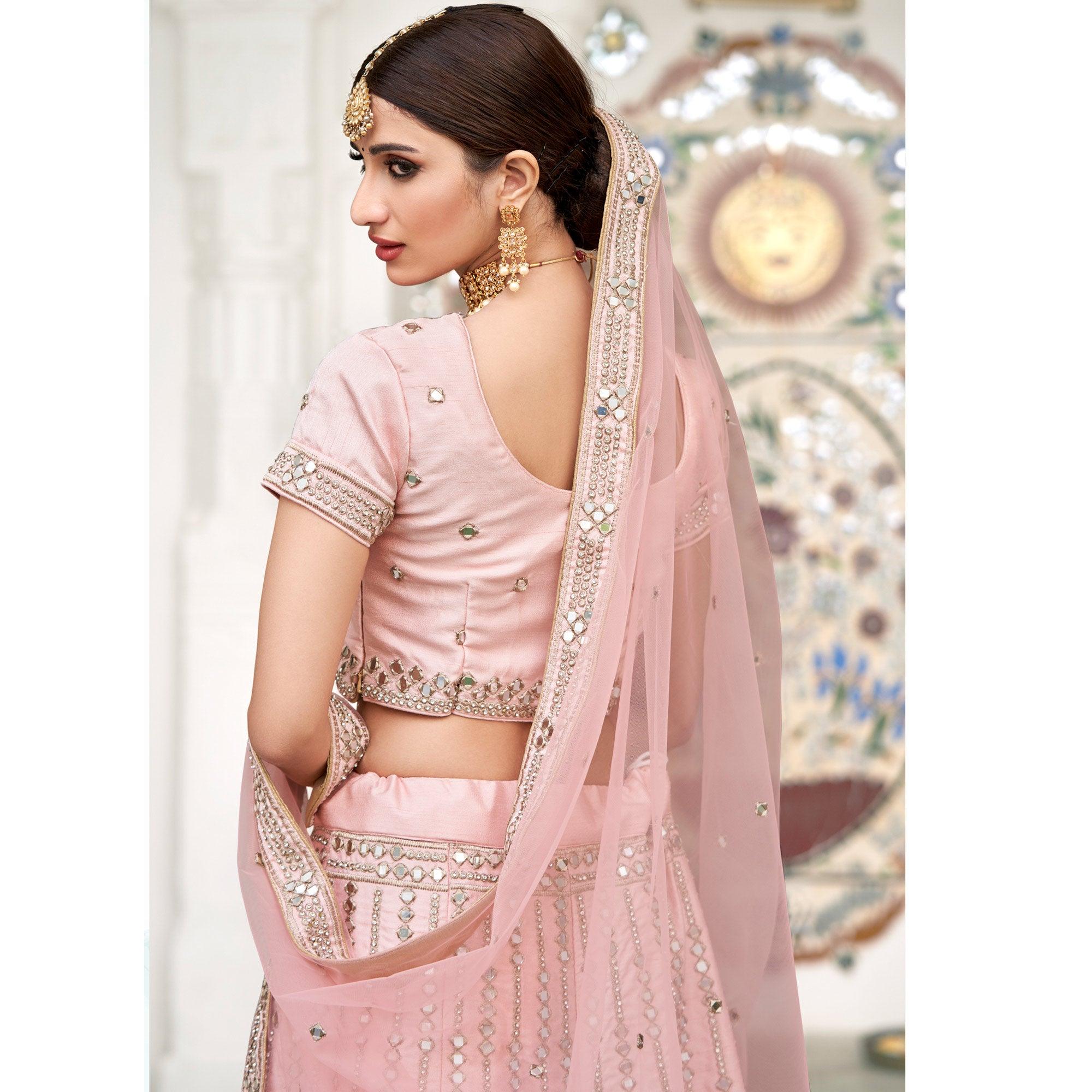 Desirable Pink Coloured Wedding Wear Mirror Work Heavy Silk Lehenga Choli - Peachmode
