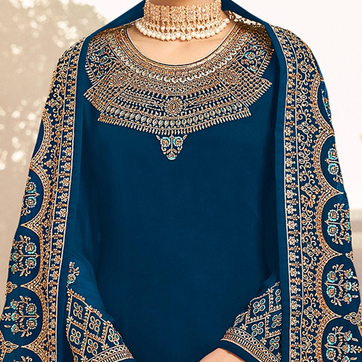 Desirable Rama Blue Coloured Party Wear Embroidered Stone Work Faux Georgette Salwar Suit - Peachmode