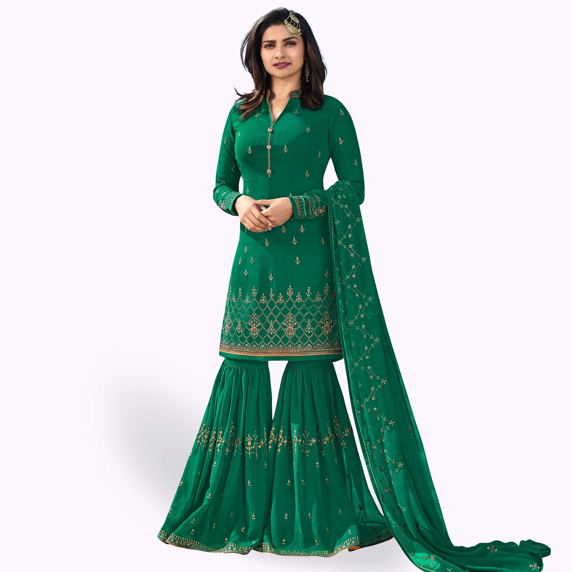 Desirable Rama Green Colored Party Wear Embroidered Georgette Palazzo Suit - Peachmode