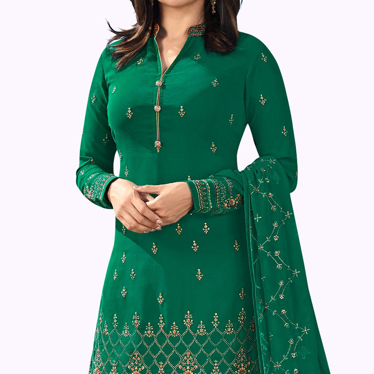 Desirable Rama Green Colored Party Wear Embroidered Georgette Palazzo Suit - Peachmode