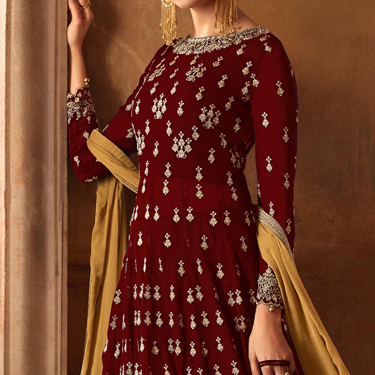 Desirable Red Colored Partywear Embroidered Georgette Lehenga Kameez - Peachmode