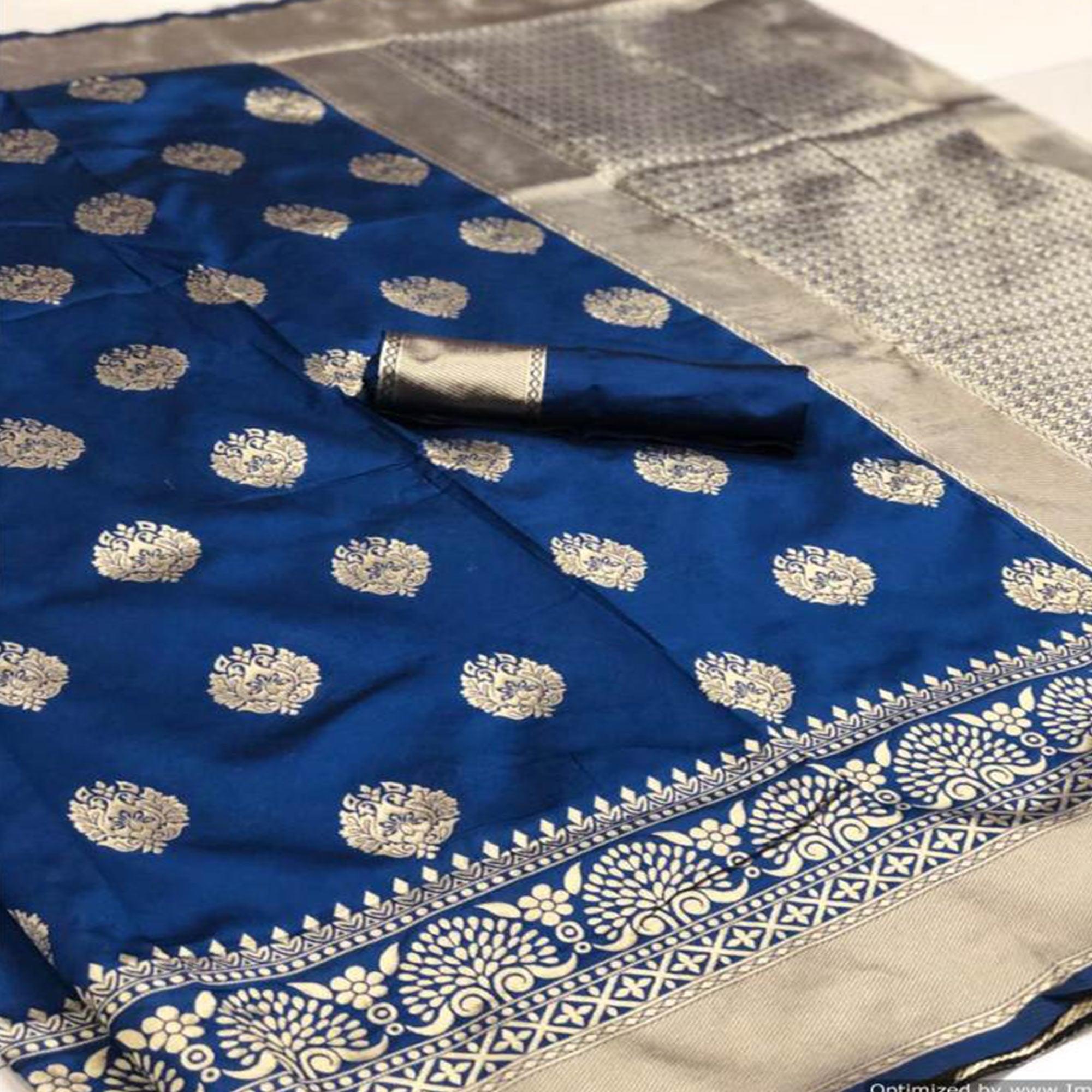 Desirable Royal Blue Colored Festive Wear Woven Banarasi Silk Saree - Peachmode