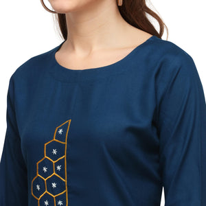 Desirable Sky Blue Colored Casual Wear Embroidered Rayon Kurti With Palazzo - Peachmode