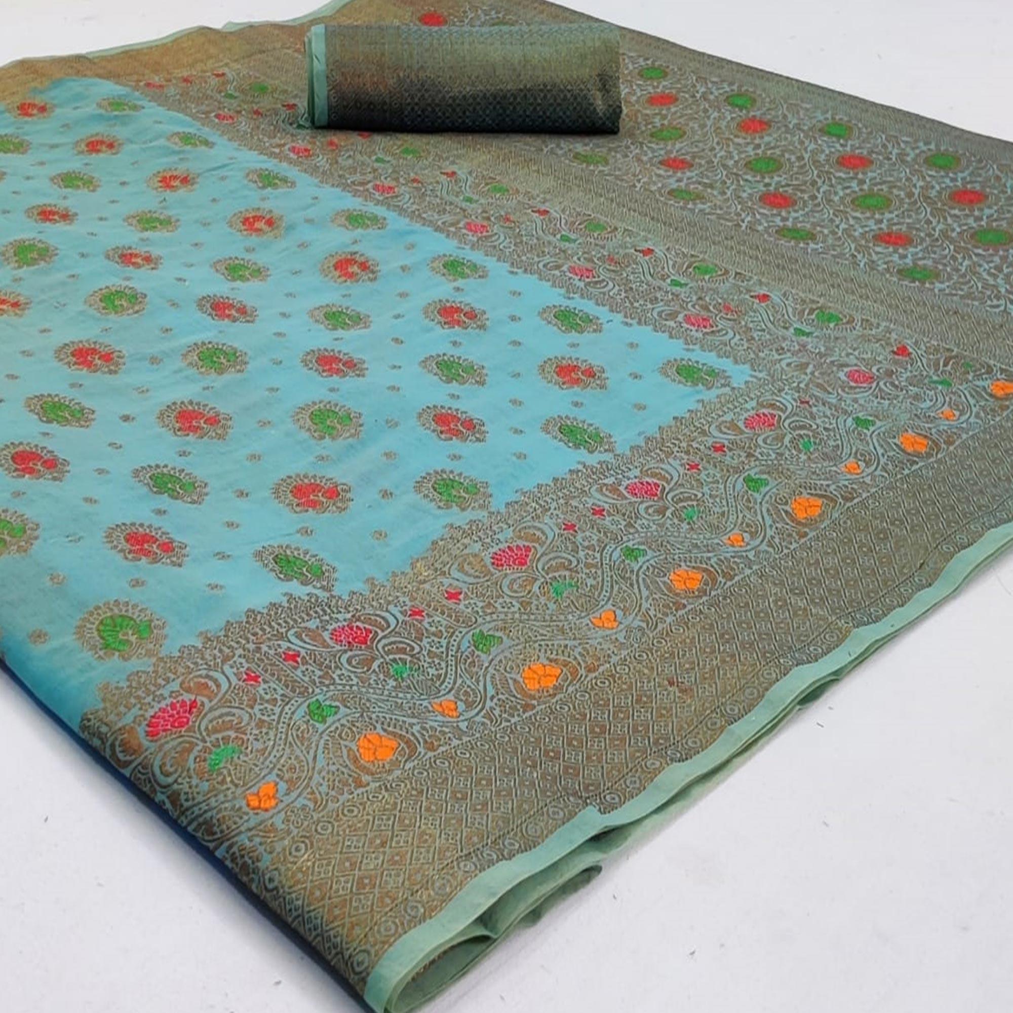 Desirable Sky Blue Colored Festive Wear Woven Cotton Saree - Peachmode