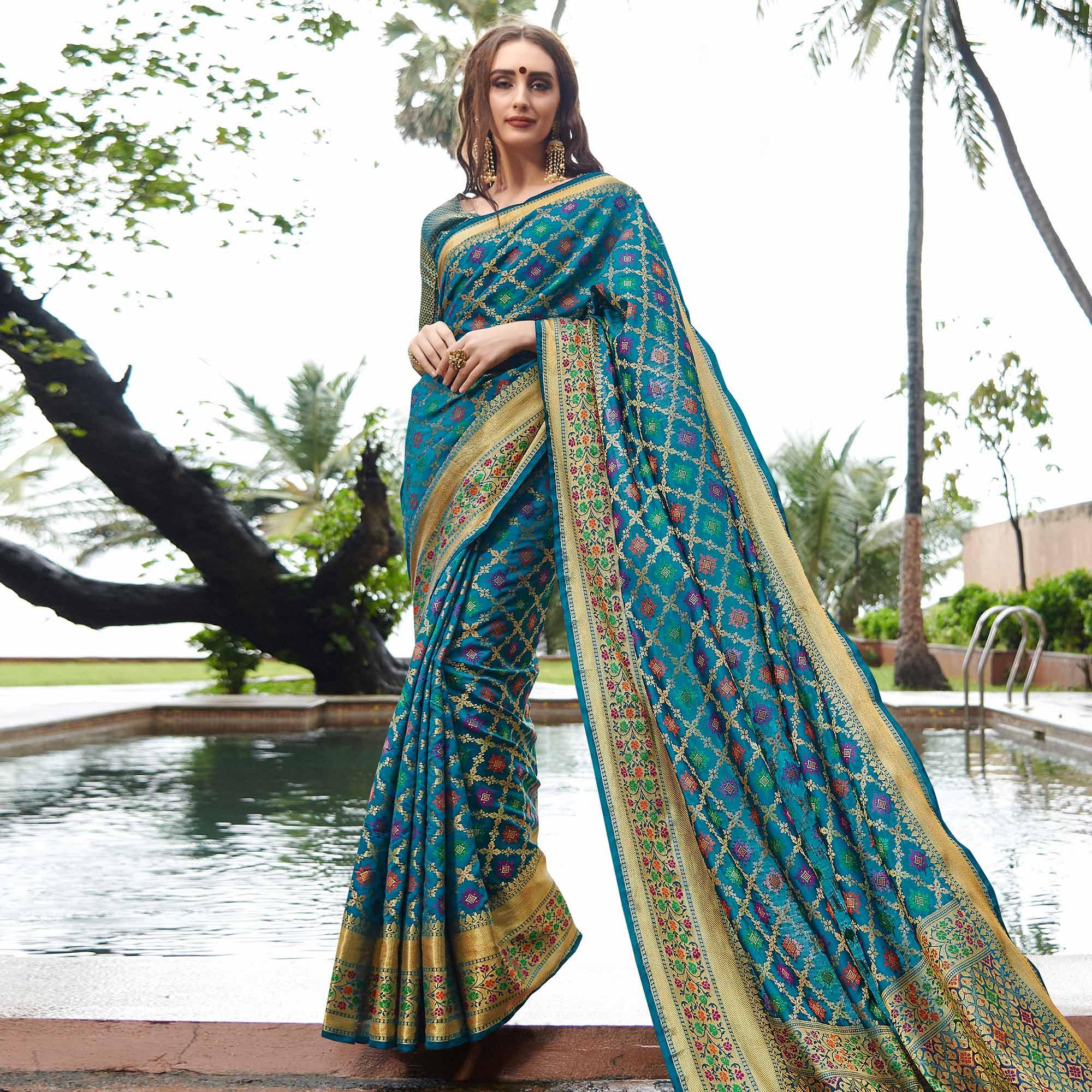 Desirable Turquoise Blue Colored Festive Wear Woven Silk Saree - Peachmode