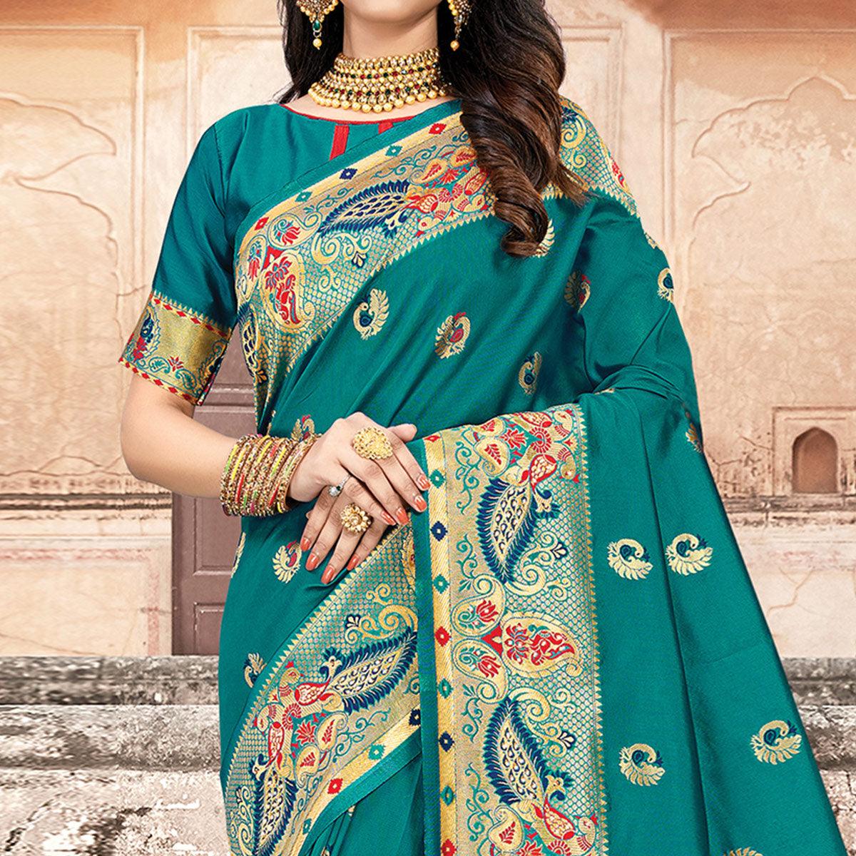 Desirable Turquoise Blue Colored Festive Wear Woven Silk Saree - Peachmode