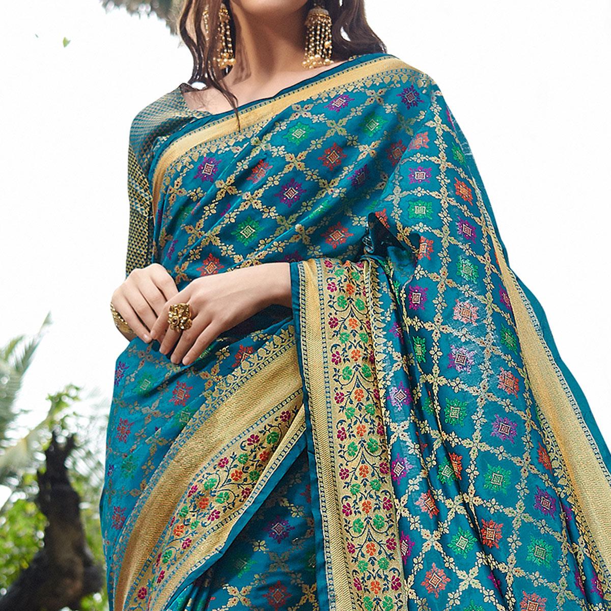 Desirable Turquoise Blue Colored Festive Wear Woven Silk Saree - Peachmode