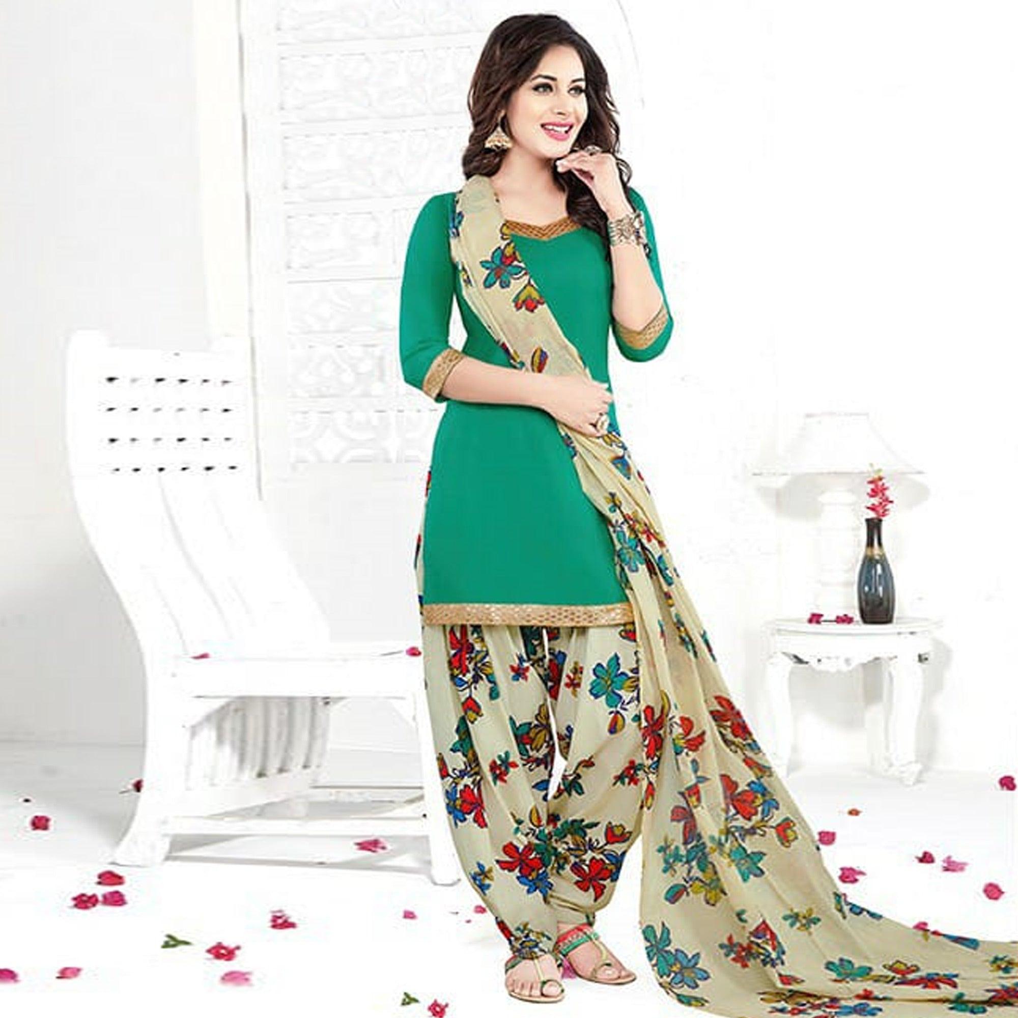 Desirable Turquoise Green Colored Casual Printed Crepe Patiala Dress Material - Peachmode
