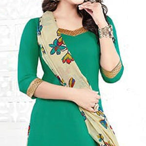 Desirable Turquoise Green Colored Casual Printed Crepe Patiala Dress Material - Peachmode