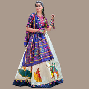 Desirable White-Blue Colored Party Wear Embroidered Soft Cotton Navratri Lehenga Choli - Peachmode