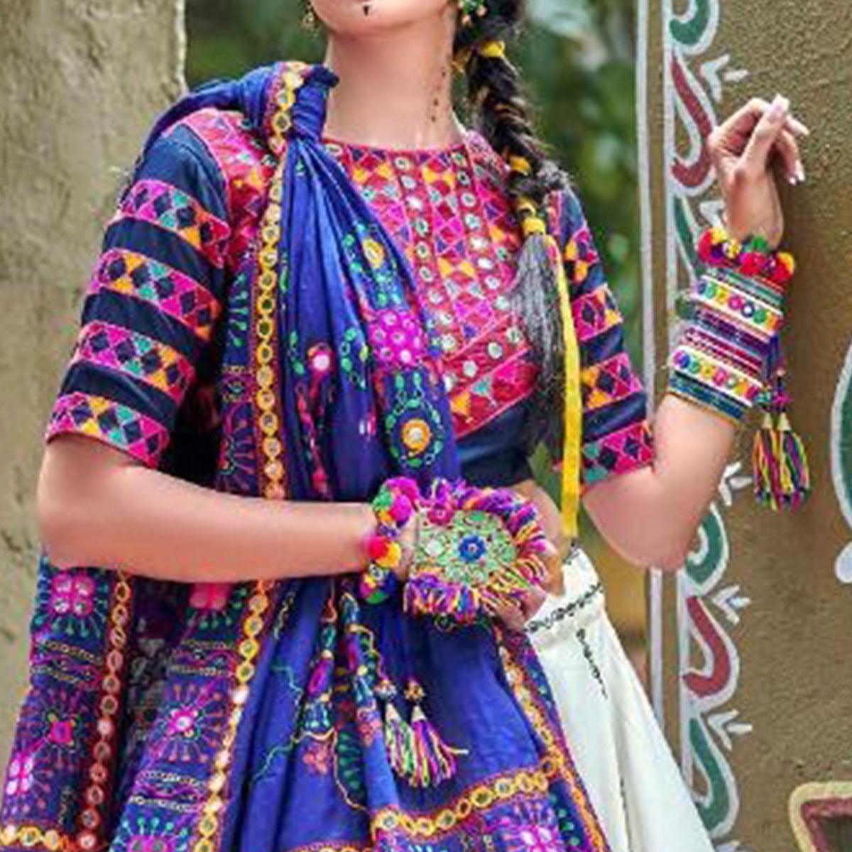 Desirable White-Blue Colored Party Wear Embroidered Soft Cotton Navratri Lehenga Choli - Peachmode