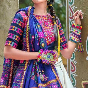 Desirable White-Blue Colored Party Wear Embroidered Soft Cotton Navratri Lehenga Choli - Peachmode